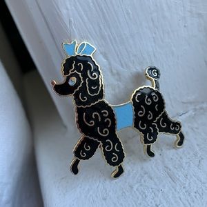 Fancy black French Poodle pin with blue eyes, sweater + bow EUC